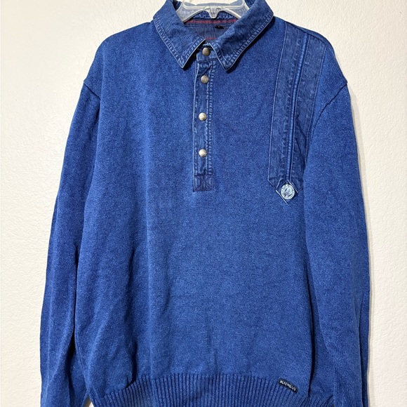 Vintage Danish Blue Willi's Indigo Cotton Knit Sweater Denim Collar Snap-Button